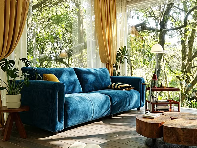 Living Room Interior Design With Blue Sofa Yellow Curtains Plants Wooden Coffee Tables And Trees 3d model