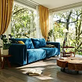 Living Room Interior Design With Blue Sofa Yellow Curtains Plants Wooden Coffee Tables And Trees