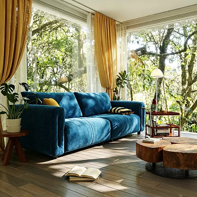 Living Room Interior Design With Blue Sofa Yellow Curtains Plants Wooden Coffee Tables And Trees 3d model