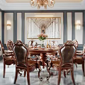 Elegant Restaurant Dining Area With Classic Chandelier Carved Wooden Table Leather Chairs And Marble Floor