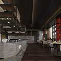 Modern Restaurant Interior With Marble Counter Hanging Lights White Chairs And Wooden Floors