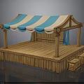 Wooden Market Stall With Blue White Striped Awning Platform And Crates