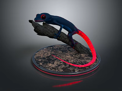 Vibrant Blue Reptile Lizard Red Eyes Tail Perched On Black Branch Circular Base Red Edge 3d model