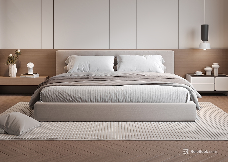 Modern Minimalist Double Bed Bedroom Interior With Gray Headboard White Pillows And Side Nightstand 3d model 