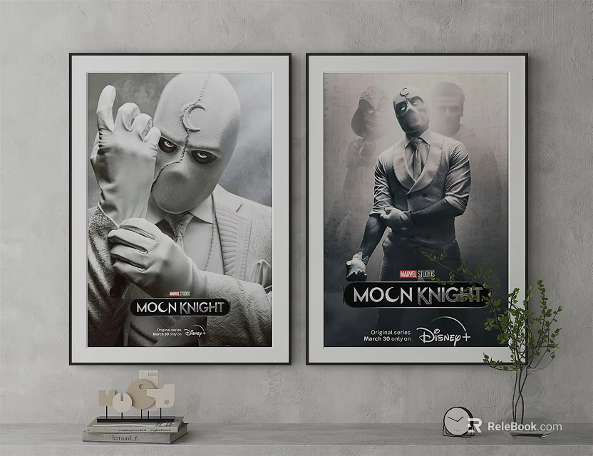Moon Knight Posters Hanging On Wall With Black And White Design And Disney Plus 3d model 