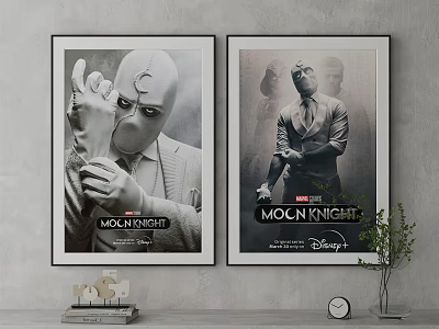 Moon Knight Posters Hanging On Wall With Black And White Design And Disney Plus 3d model
