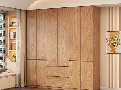 Modern Wooden Wardrobe Interior With Natural Wood Color Multiple Doors And Drawers 3d model