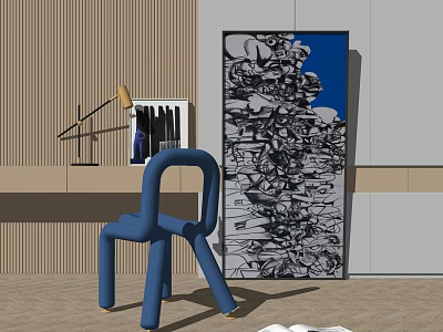Stylish Blue Single Chair in Modern Interior with Art Painting Wooden Wall and Table Lamp 3d model
