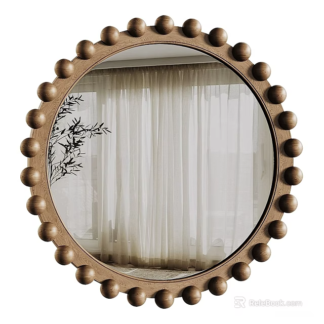 Round Wooden Mirror with Beaded Frame Reflecting White Curtains and Plant Branches 3d model 