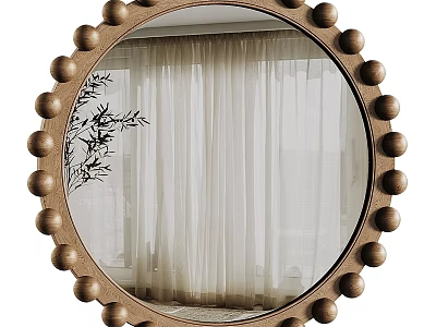 Round Wooden Mirror with Beaded Frame Reflecting White Curtains and Plant Branches 3d model