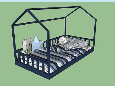 House Shaped Kids Bed With Blue Frame Striped Bedding Star Pillow And Stuffed Toy 3d model