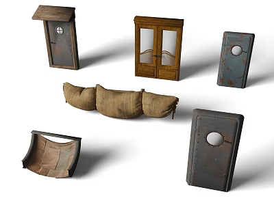 Vintage Furniture Pieces With Old Wooden Door Glass Cabinet Fabric Sofa Cushion And Metal Panel 3d model
