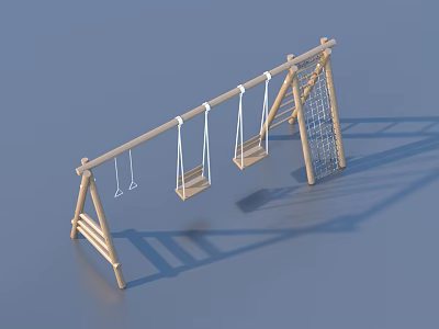 Outdoor Wooden Swing Set With Multiple Hanging Seats And Ropes For Children 3d model