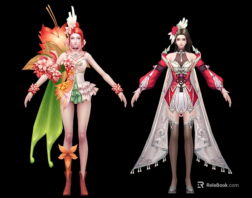 Vibrant Game Movie Characters With Floral Leaf Decor And Elegant Tassel Costumes 3d model 