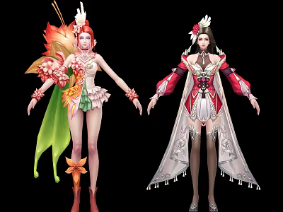 Vibrant Game Movie Characters With Floral Leaf Decor And Elegant Tassel Costumes 3d model