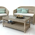 Rattan Coffee Table with Glass Top and Lower Shelf for Magazines and Decorative Balls