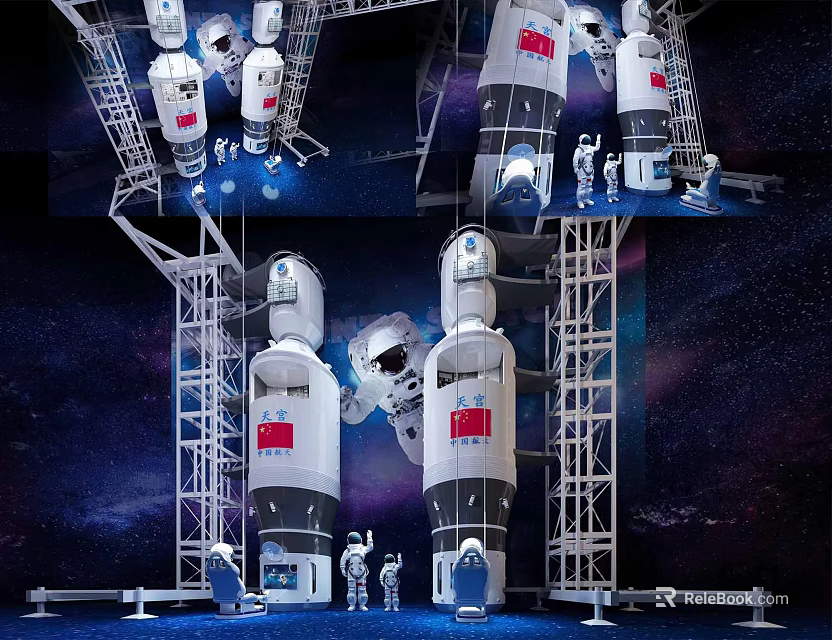 Space Rocket Launch Tower With Astronaut Figures And Starry Background 3d model
