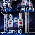 Space Rocket Launch Tower With Astronaut Figures And Starry Background 3d model