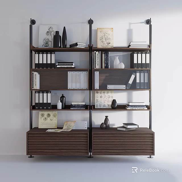 Modern Wooden Bookcase With Multiple Shelves Books Binders And Decorative Items 3d model 