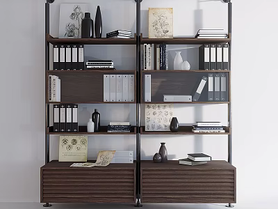 Modern Wooden Bookcase With Multiple Shelves Books Binders And Decorative Items 3d model