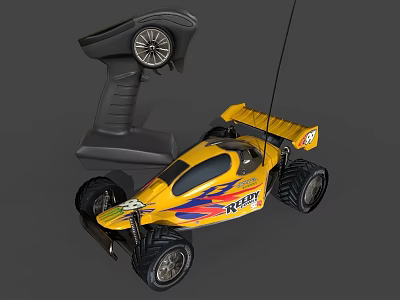 Electric Toy Remote Control Car with Yellow Flame Decals Large Wheels and Controller 3d model
