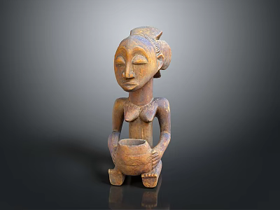 Handcrafted Traditional Wooden Carved Sculpture of Seated Human Figure Holding Vessel with Artistic Details 3d model