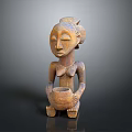 Handcrafted Traditional Wooden Carved Sculpture of Seated Human Figure Holding Vessel with Artistic Details