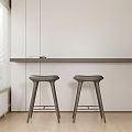 Modern Minimalist Kitchen Counter with Two Dark Bar Stools and White Wall 3d model