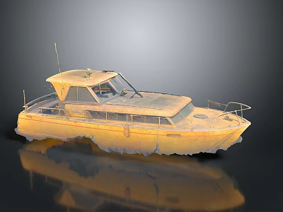 Yellow Motorboat with Cabin Railing and Worn Surface on Dark Background with Reflection 3d model