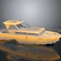 Yellow Motorboat with Cabin Railing and Worn Surface on Dark Background with Reflection