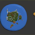 Round Blue Platform Scene With Green Island Buildings Trees Orange Boats And Yellow Sun