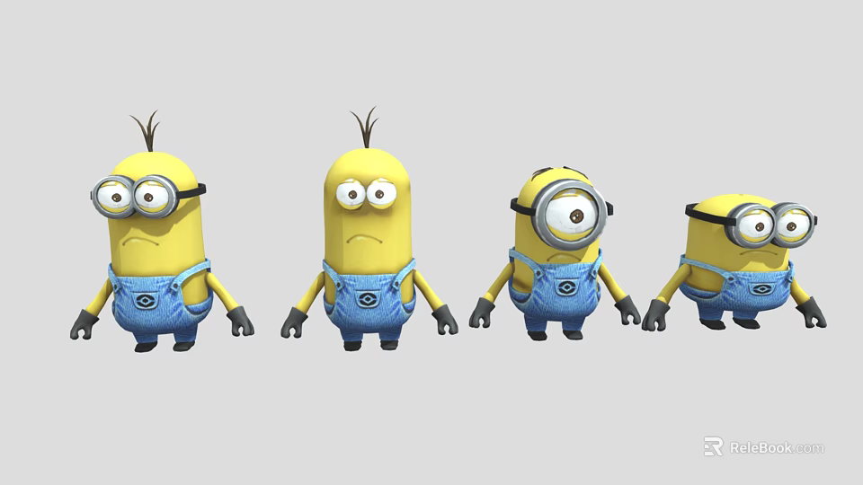 Cute Yellow Minion Dolls Standing In A Row With Blue Overalls And Various Expressions 3d model 