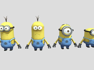 Cute Yellow Minion Dolls Standing In A Row With Blue Overalls And Various Expressions 3d model