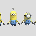 Cute Yellow Minion Dolls Standing In A Row With Blue Overalls And Various Expressions