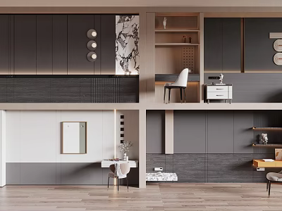Modern Background Wall Design With Gray Panels Wooden Shelves And Decorative Lighting 3d model