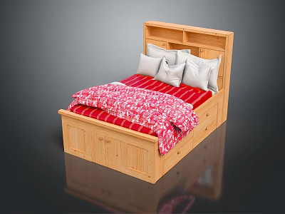 Wooden Double Bed with Bookshelf Headboard Red Patterned Quilt and Gray Pillows 3d model
