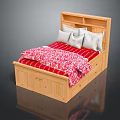 Wooden Double Bed with Bookshelf Headboard Red Patterned Quilt and Gray Pillows