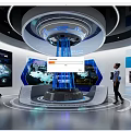 Modern Interactive Exhibition Hall With Circular Digital Installation Blue Lighting And Display Screens 3d model