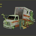 Old Damaged White Ambulance With Orange Stripes And Tools Nearby