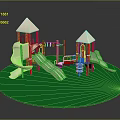Children's Playground Equipment with Slides Climbing Towers and Green Surface