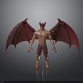 Red Winged Bat With Horns And Muscular Body Standing On Dark Surface