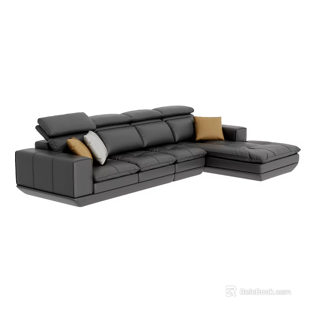 Black Leather Sectional Sofa with L shaped Design and Accent Pillows 3d model