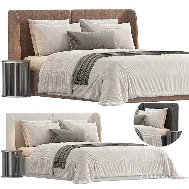 Modern Double Bed With Wooden Headboard Linen Bedding And Multiple Pillows 3d model 