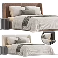 Modern Double Bed With Wooden Headboard Linen Bedding And Multiple Pillows