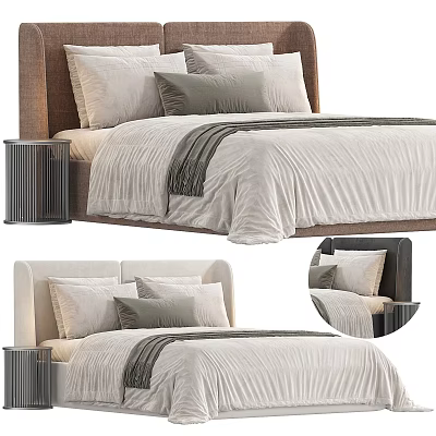 Modern Double Bed With Wooden Headboard Linen Bedding And Multiple Pillows 3d model