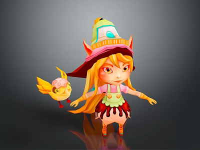 Colorful Decorative Hat Pink Apron And Yellow Bird Accessory For Long Hair Girl 3d model
