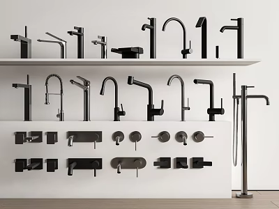 Modern Faucet Display With Different Designs And Bathroom Kitchen Accessories On White Shelf 3d model
