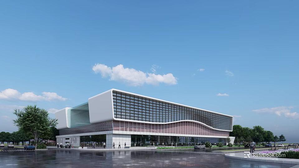 Modern Public Building With Curved Glass Facade White Pink Exterior And Surrounding Trees 3d model 