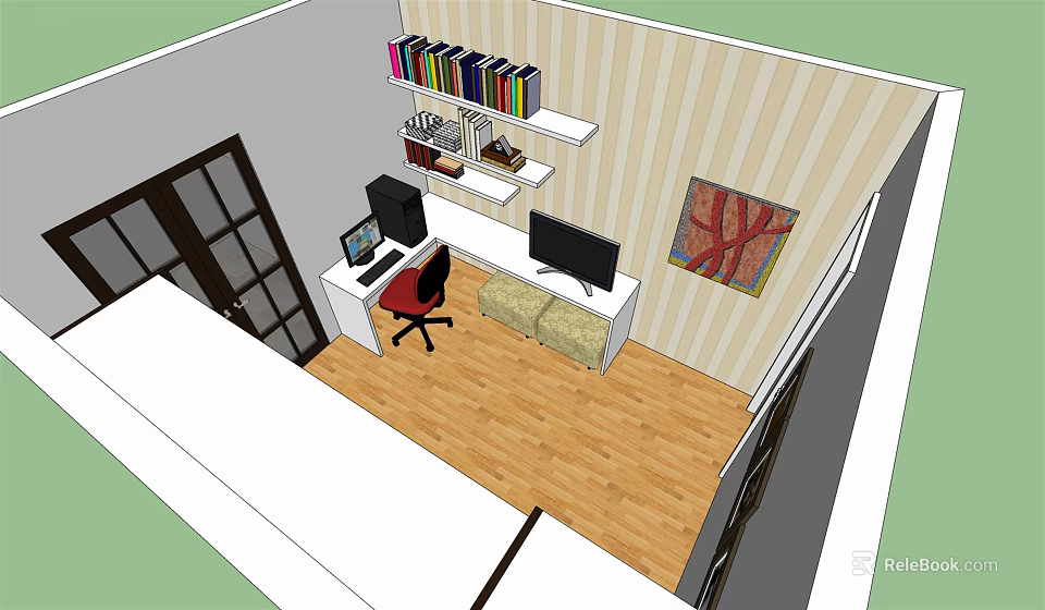 Modern Office Desk With Dual Monitors Bookshelf Red Chair Striped Wall And Wooden Floor 3d model 
