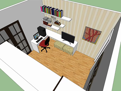 Modern Office Desk With Dual Monitors Bookshelf Red Chair Striped Wall And Wooden Floor 3d model